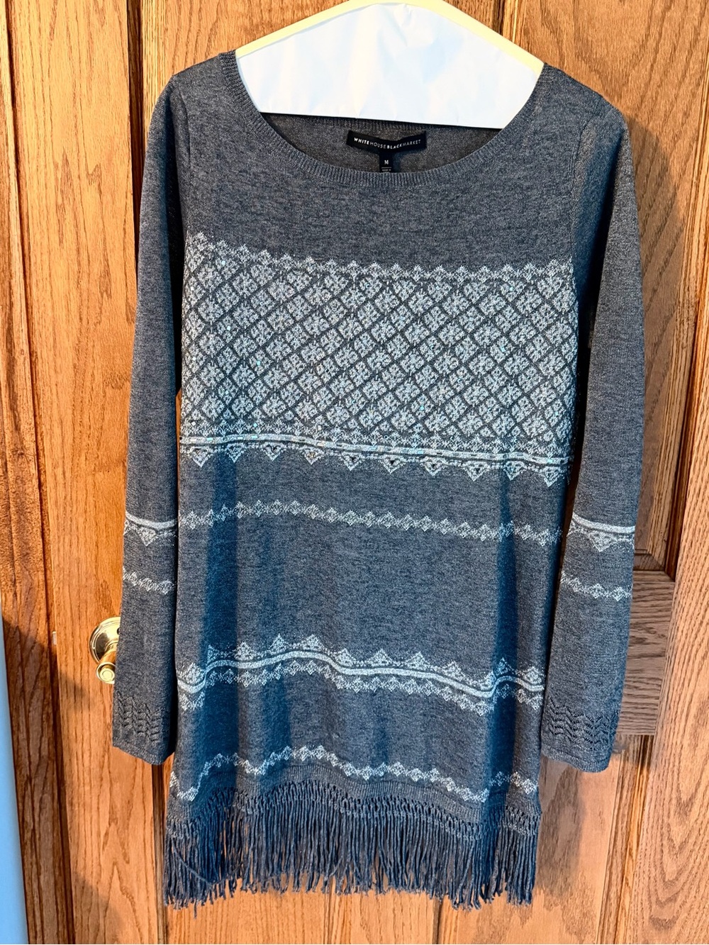 White House Black Market Gray Fair Isle Fringe Crewneck Sweater